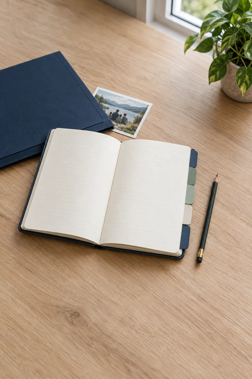 An open planning notebook, five divider tabs and a small family photograph on an oak desk