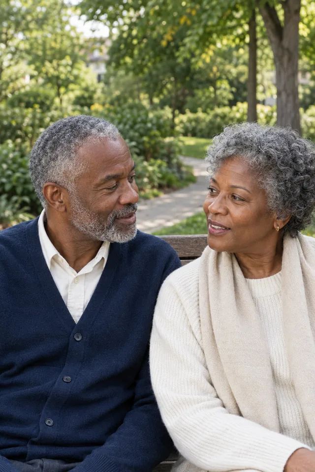 An older couple enjoying a quiet conversation on a park bench