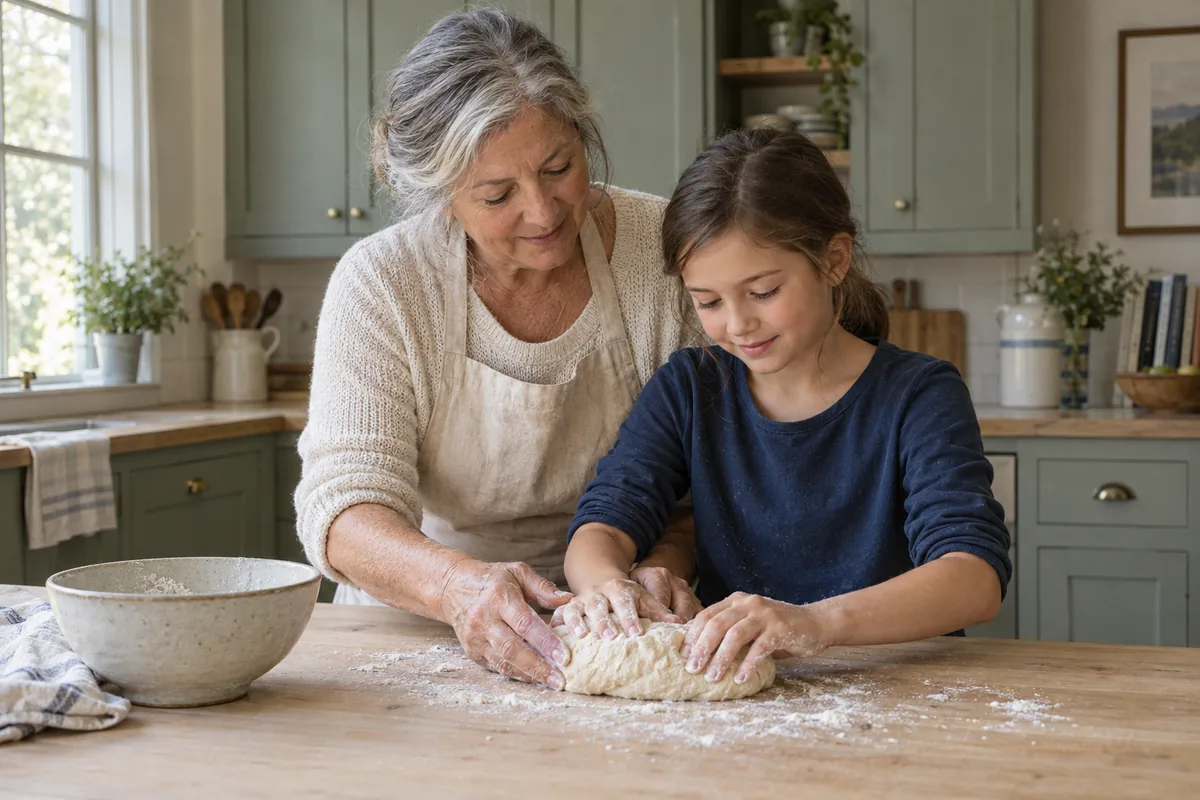 A grandmother teaching her grandchild to shape dough at the kitchen table