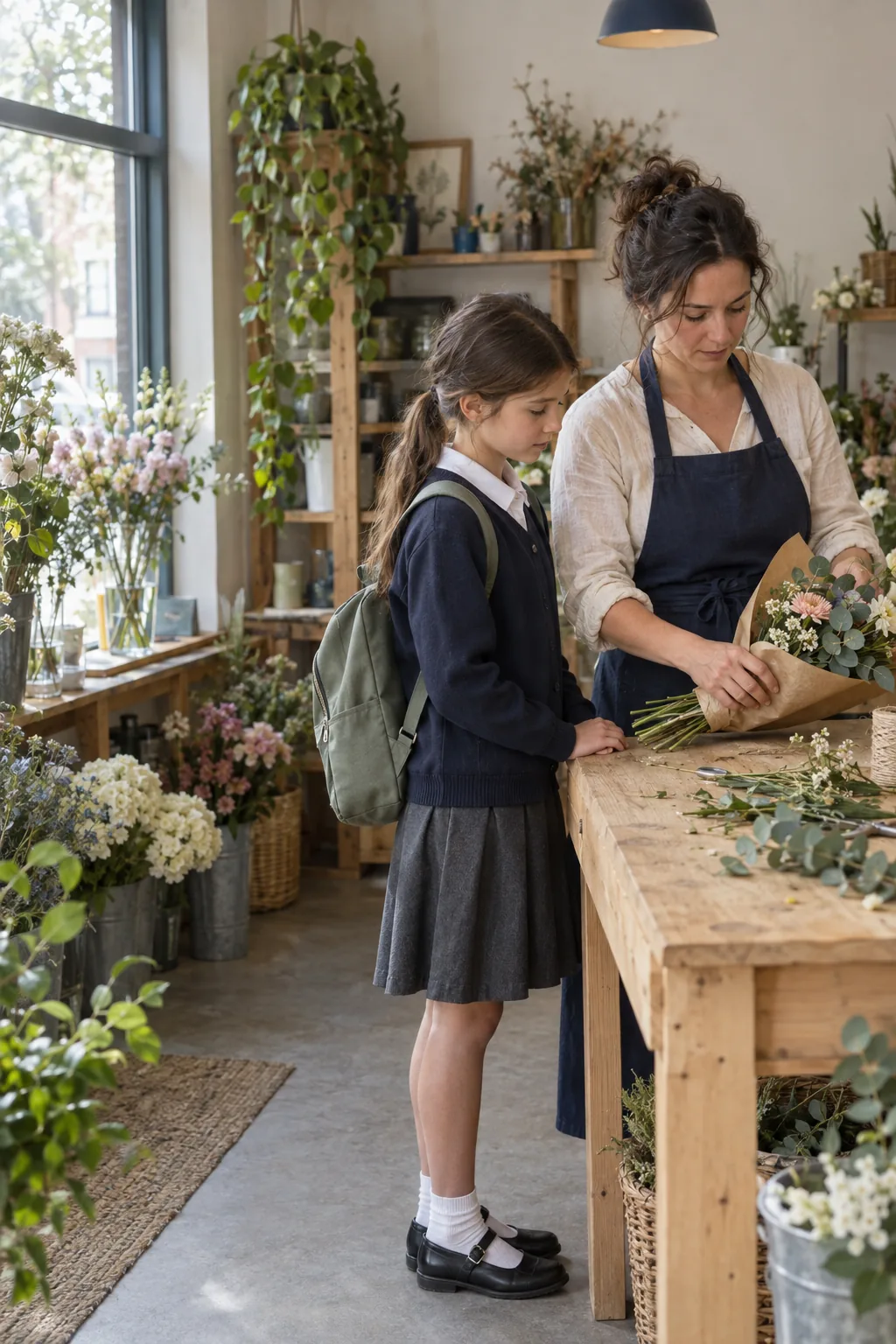 A florist arranging a bouquet while her school-age daughter waits beside her