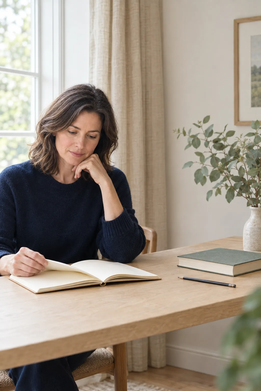 A woman reviewing her personal planning notebook beside a bright window
