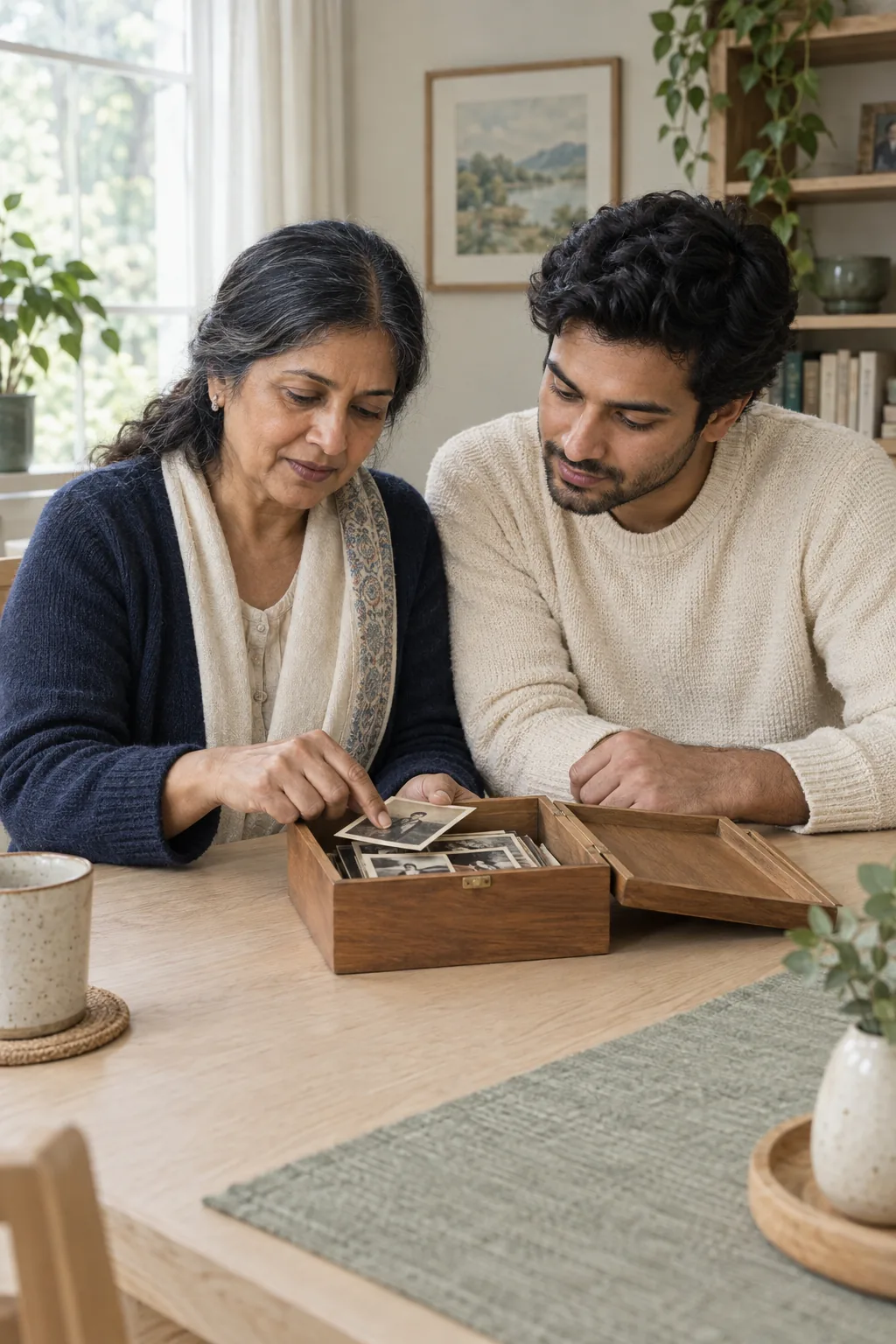 A mother and her adult son looking through a wooden box of family photographs